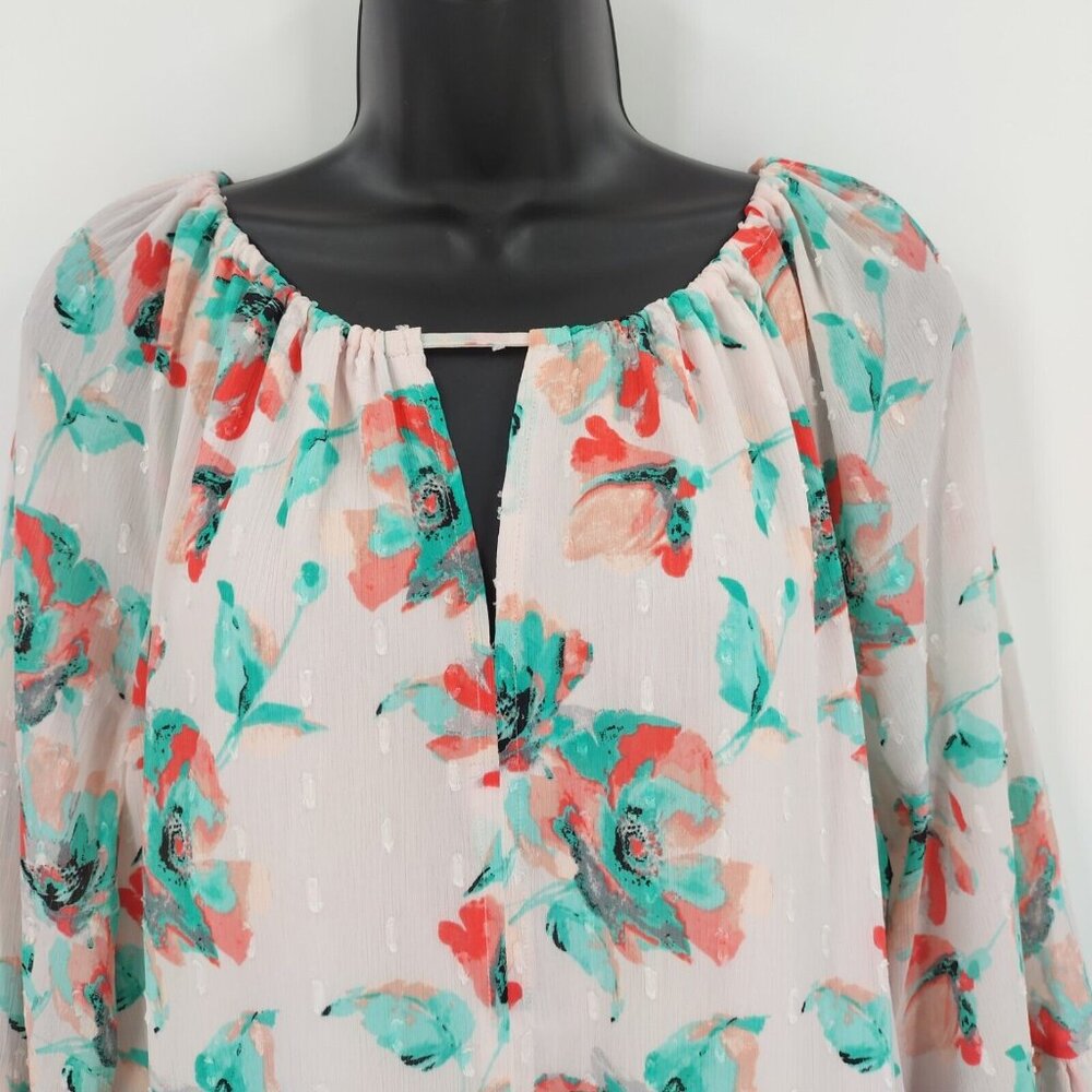Kaari Blue Sz L Multi Pink Floral Santorini 3/4 Sleeve Ruffle Front Tie Top Lace - Picture 4 of 13